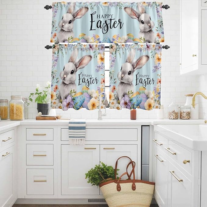 Happy Easter Kitchen Curtains Set 3 Piece for Windows,Rod Pocket Valance and Tier Set 36 Inch Length,Spring Grey Bunny Colorful Eggs Flower Blue Light Filtering Cafe Curtains for Living Room