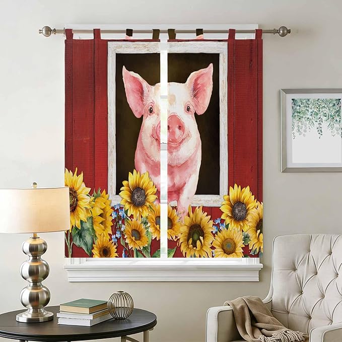 Pigs Sunflowers Bathroom Curtains 63 Inch Length, Window Curtains Tab Top, Farmhouse Red Barn Flowers Animals Light Filtering Window Treatments Drapes 52"x63" 2 Panel