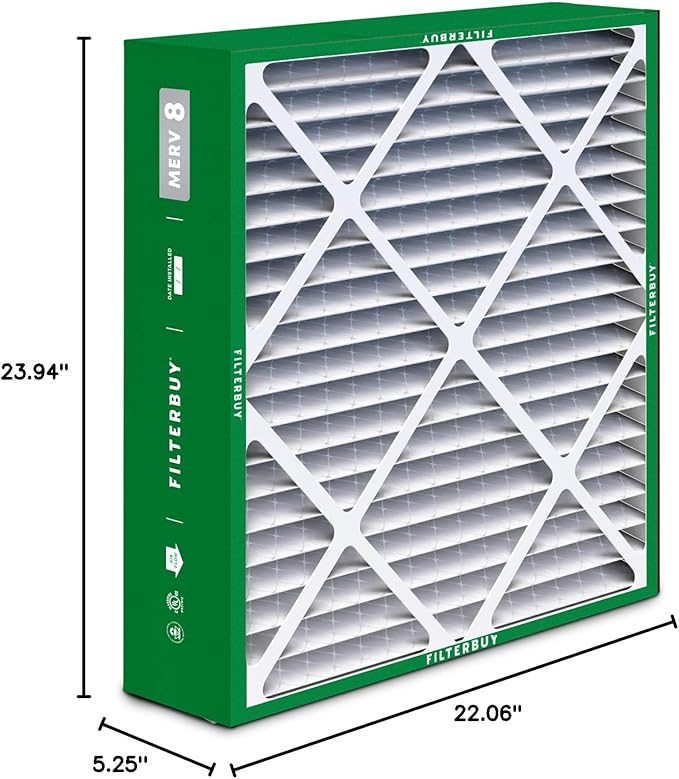 Filterbuy 22x24x5 Air Filter MERV 8 Essential Dust & Allergy Defense (2-Pack), Electrostatic Pleated HVAC AC Furnace Filters for Amana, Goodman, and Five Seasons (Actual Size: 22.06 x 23.94 x 5.25)