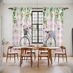 Spring Kitchen Curtains, Bicycles Leaves Butterfly Flowers Pink Buffalo Plaid Light Filtering Window Curtain Panels, 2Pcs Rod Pocket Window Treatments Set for Living Room Bathroom Bedroom 52x72 Inches