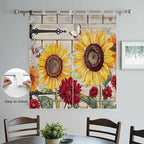 Red Yellow Sunflowers Bathroom Curtains 63 Inch Length, Window Curtains Tab Top, Retro Rustic Barn Doors Butterfly Brown Light Filtering Window Treatments Drapes 52"x63" 2 Panel
