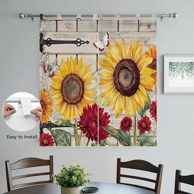 Red Yellow Sunflowers Living Room Curtains 84 Inch Length, Window Curtains Tab Top, Retro Rustic Barn Doors Butterfly Brown Light Filtering Window Treatments Drapes 42"x84" 2 Panel