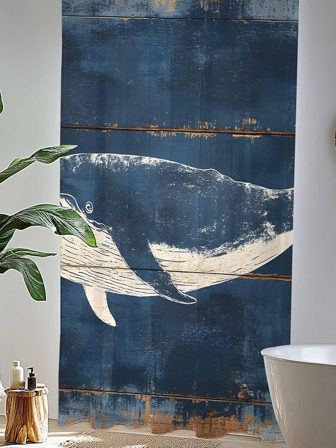 Sheer Curtains 108 Inches Long, Summer Whale Blue Semi Sheer Curtains Light Filtering Window Treatment, Coastal Ocean Vintage Wooden Grain Privacy Voile Drapes for Living Room Bedroom 52x108 Inch