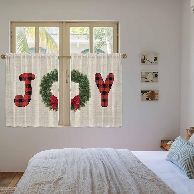 Red Green Christmas Kitchen Curtains 54 Inch Long 2 Panel Set, Rod Pocket Window Curtains Panels, Farmhouse Xmas Botanical Winter Light Filtering Privacy Draperies for Bedroom Laundry 42"W x 54"L