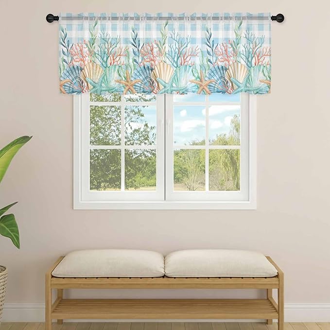 Summer Beach Sheer Valance Curtains, Ocean Colorful Coral Shell Seaweed Starfish Blue Plaid Light Filtering Kitchen Valances Rod Pocket Voile Curtain Treatment for Bedroom/Living Room/Basement 42Wx12L