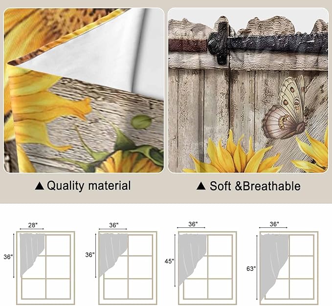 Farmhouse Sunflowers Swag Valances for Windows, Rustic Barn Doors Flowers Butterfly Wooden Rod Pocket Kitchen Curtains Valance, Kitchen Window Curtains Swag for Cafe Living Room, 2 Panels, 36x63 inch