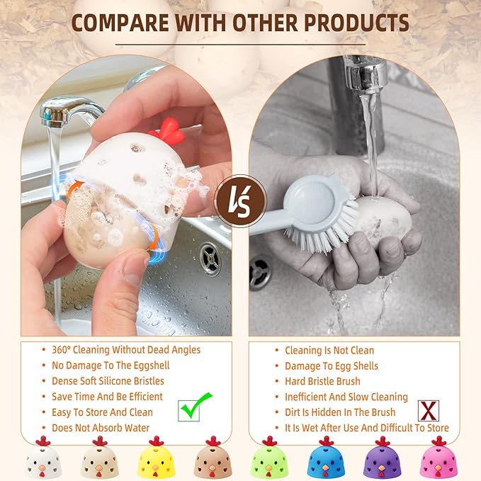 Egg Washer for Fresh Eggs, Egg Scrubber for Fresh Eggs, Egg Brush for Cleaning Fresh Eggs, Egg Cleaner Scrubber, Easter Gifts Creative Chicken Shape Egg Wash Brush Silicone Washing Egg Tool - Brown