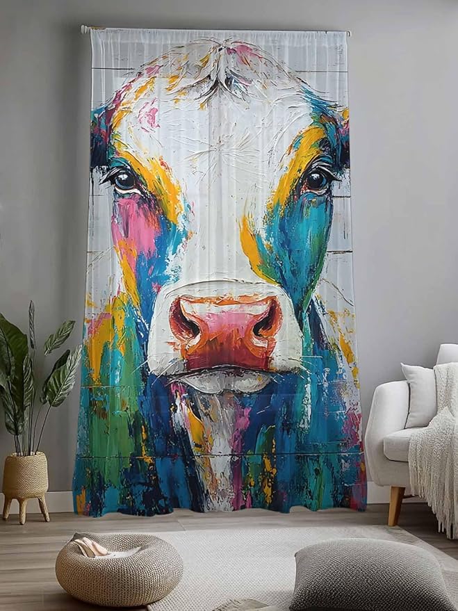 Sheer Curtains 96 Inches Long, Farmhouse Oil Painting Semi Sheer Curtains Light Filtering Window Treatment, Colorful Cow Animal Wooden Grain Privacy Voile Drapes for Living Room Bedroom 52x96 Inch