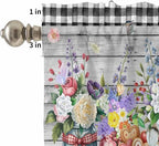 Spring Flowers Kitchen Curtain Set, Farmhouse Black Plaid Wood Grain Window Valance and Tiers 36" Length, Light Filtering Short Curtains Valance for Cafe Bathroom Bedroom 54"x18"
