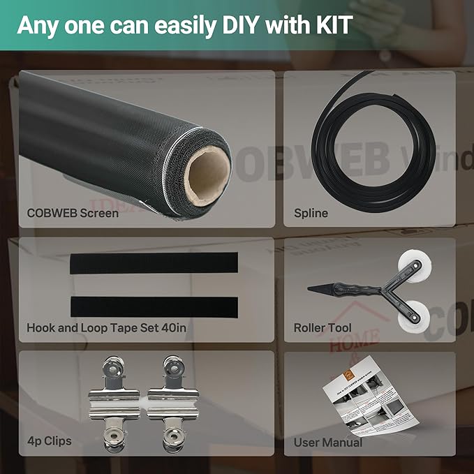 Premium Window Screen DIY KIT 39" 51" Water-Repellent Blocks Rain, Pet Scratch, Pollen, Fine Dust 99%, 30Mesh Durable New Material, DIY Tools Included (W51in X L380in)