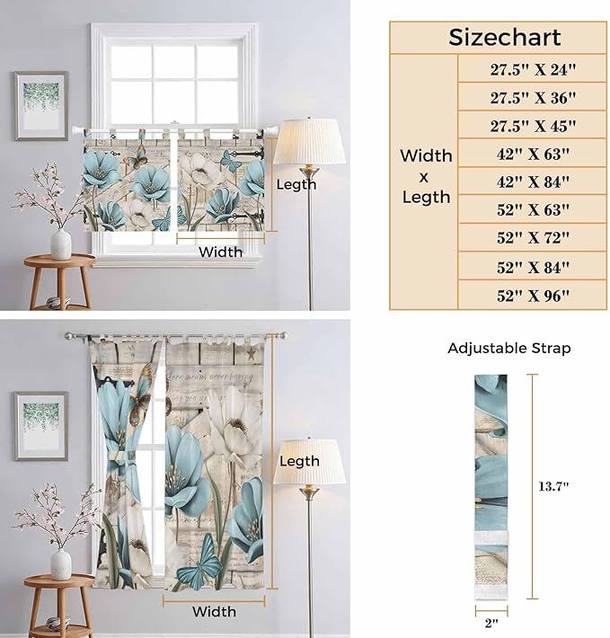 Teal Blue Tulips Kitchen Curtains 24 Inch Length, Small Window Curtains Tab Top, Spring Floral Barn Doors Vintage Wood Beige Light Filtering Short Window Treatments Tier Drapes 27.5"x24" 2 Panel