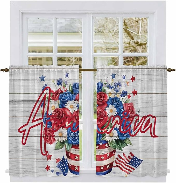 Independence Day Kitchen Curtains 54 Inch Long 2 Panel Set, Rod Pocket Window Curtains Panels, 4 of July Rose Wooden Grain Vintage Light Filtering Drapery Draperies for Bathroom Bedroom 52"W x 54"L