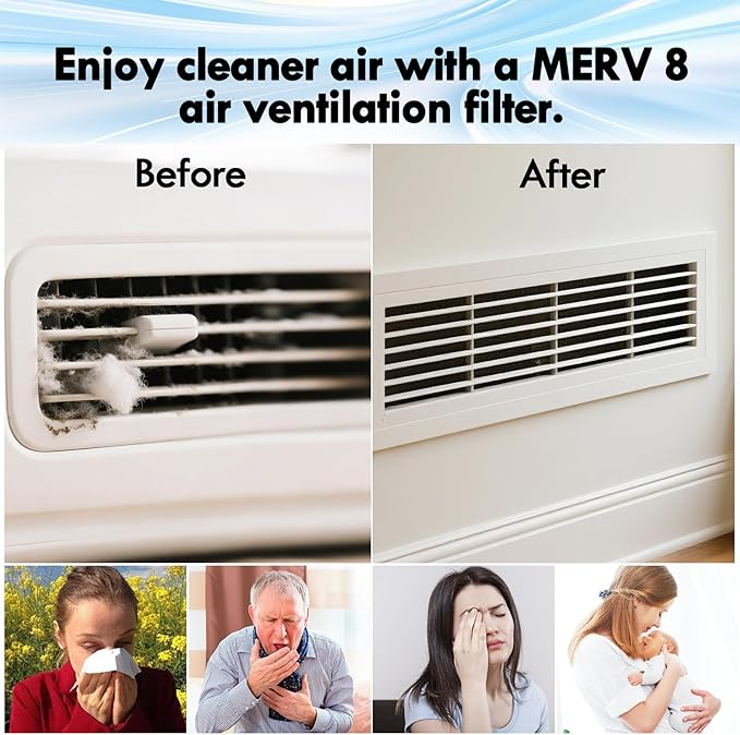 20 x 140" Air Vent Filters, 0.5-inch Thickness MERV 8 Filter Material, Cut Into About 100 Filters, HVAC Furnace Vent Filters for Home, Floor, Ceiling, Grilles (48PCS Adhesive Hook Tape)