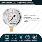 MEASUREMAN 2-1/2inch Dial Size, Liquid Filled Pressure Gauge, 0-60psi/kpa, 304 Stainless Steel Case, 1/4inNPT Lower Mount