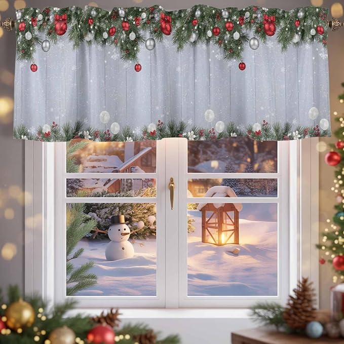 Christmas Curtain Valances for Windows, Kitchen Valance Window Treatment, Winter Xmas Balls Pine Branches Wooden Grain Light Filtering Block Curtains for Bathroom/Bedroom/Living Room 42'' x 18''