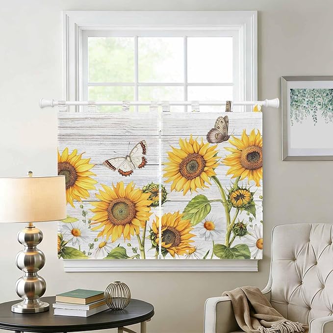 Yellow Sunflowers Kitchen Curtains 45 Inch Length, Short Cafe Window Curtains Tab Top, Vintage Country Flowers Butterfly Wood Board Light Filtering Window Treatments Tier Drapes 27.5"x45" 2 Panel