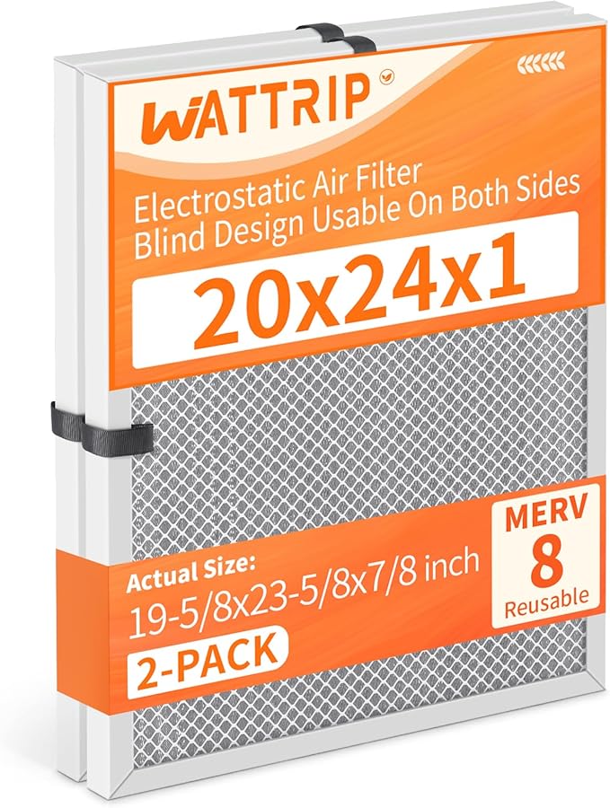 2-Pack 20x24x1 MERV 8 Reusable & Washable Electrostatic Air Filters - Long-Lasting Filter for HVAC, Furnace & Air Conditioner Units, Actual Size: 19-5/8” x 23-5/8” x 7/8”