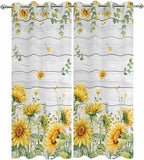 Sunflowers Outdoor Curtains for Patio Summer Floral Eucalyptus Leaf Wood Plank Waterproof Outside Curtains with Grommet Top Weatherproof Curtain for Cabana Pergola Gazebo, 2 Pack, 54" W x 108" L