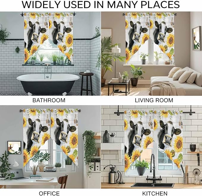 Retro Farmhouse Floral Swag Valances for Windows, Yellow Sunflowers Cows Butterfly Wood Rod Pocket Kitchen Curtains Valance, Kitchen Window Curtains Swag for Cafe Living Room, 2 Panels, 36x63 inch