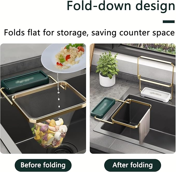 Kitchen Food Waste Filter Basket with 50Pcs Mesh Bag Collapsible Residue Filter Screen Holder Square Bracket Corner Hanging Drain Rack Sink Strainer Green 1pcs