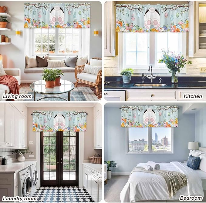 Easter Bunny Curtain Valances for Windows, Kitchen Valance Window Treatment, Easter Eggs Spring Farmhouse Wood Grain Teal Blue Light Filter Block Curtains for Bathroom/Bedroom/Living Room 60'' x 18''