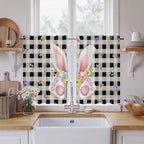 Easter Kitchen Curtains 45 Inch Long 2 Panel Set, Rod Pocket Window Treatment, Spring Rabbits Ears Feet Wildflowers Black Plaid Light Filtering Short Curtains & Drapes for Bathroom Laundry 52"W x 45"L
