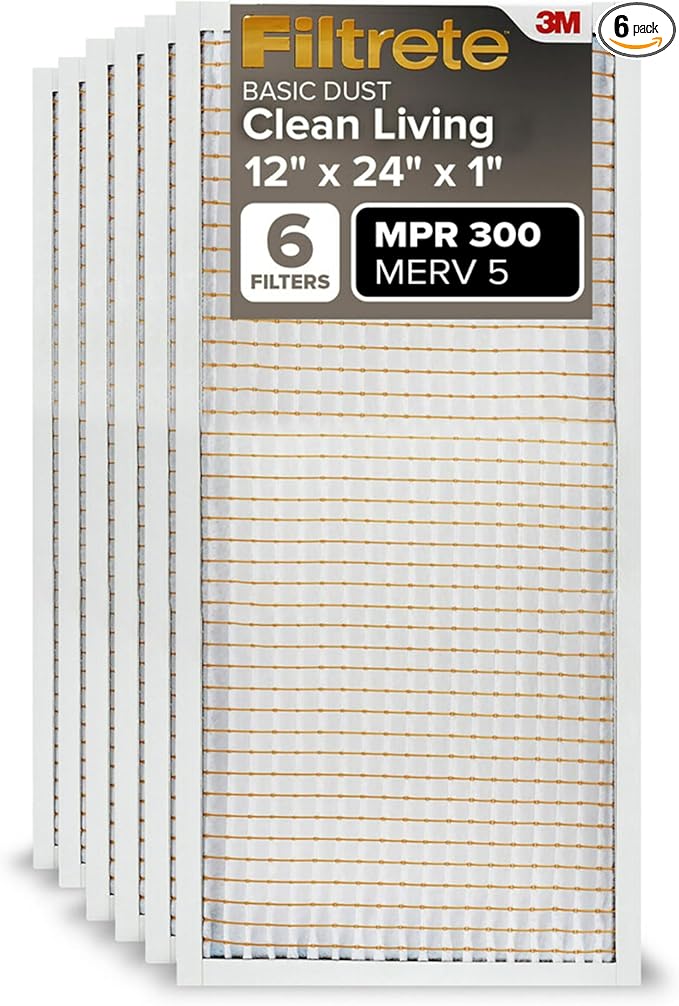 Filtrete 12x24x1 Air Filter, MPR 300, MERV 5, Clean Living Basic Dust 3-Month Pleated 1-Inch Air Filters, 6 Filters