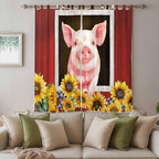 Pigs Sunflowers Living Room Curtains 96 Inch Length, Window Curtains Tab Top, Farmhouse Red Barn Flowers Animals Light Filtering Window Treatments Drapes 52"x96" 2 Panel