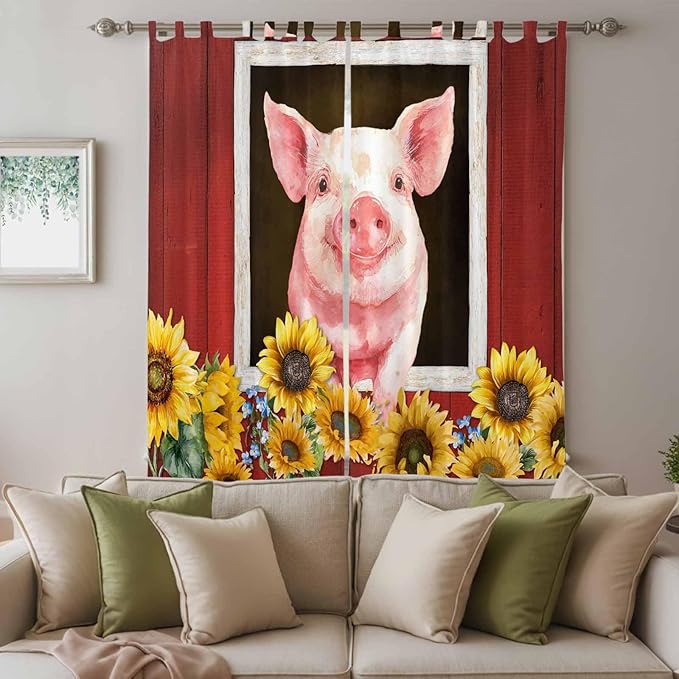 Pigs Sunflowers Living Room Curtains 84 Inch Length, Window Curtains Tab Top, Farmhouse Red Barn Flowers Animals Light Filtering Window Treatments Drapes 52"x84" 2 Panel