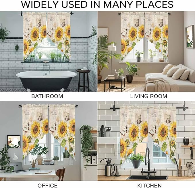 Yellow Sunflowers Swag Valances for Windows, Country Farm Butterfly Flower Light Beige Rod Pocket Kitchen Curtains Valance, Small Window Curtains Swag for Cafe Living Room, 2 Panels, 36x36 inch