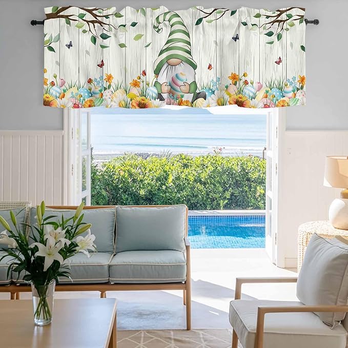 Easter Gnomes Curtain Valances for Windows, Kitchen Valance Window Treatment, Spring Watercolor Eggs Flower Wood Grain Light Filtering Block Curtains for Bathroom/Bedroom/Living Room 60'' x 18''