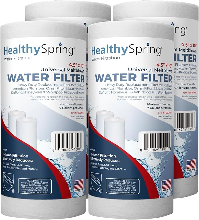 American Made, Sediment Water Filter, 10" x 4.5", Replacement for Pentair Pentek DGD-5005, GE® GXWH40L, GXWH35F, Culligan® RFC-BBSA, 3M® Aqua-Pure® AP810, 5 Micron, Pack of 4