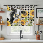 Retro Sunflowers Kitchen Curtains 45 Inch Length, Short Cafe Window Curtains Tab Top, Farmhouse Floral Cow Butterfly Black Plaid Light Filtering Window Treatments Tier Drapes 27.5"x45" 2 Panel