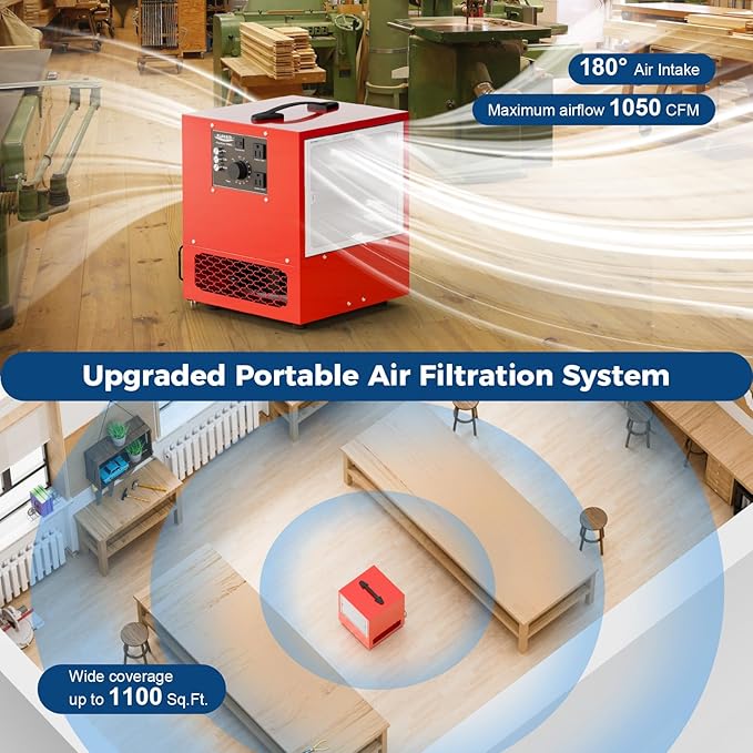 ALORAIR Portable Air Filtration System Built-In Ionizer, 180° Air Intake (850/1050CFM) Tabletop Dust Collector for Woodworking with Vortex Fan, Air Filter for Garage, Works Shop, Home, Purecare 1050IG