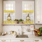 Yellow Gnomes Kitchen Curtains Set 3 Piece for Windows, Rod Pocket Valance and Tier Set 36 Inch Length, Spring Bees Daisy Plaid Wooden Grain Light Filtering Cafe Curtains for Living Room Bathroom