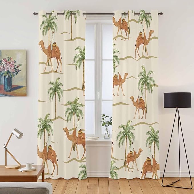 2 Panel Kitchen Cafe Curtains, Date Coconut Tree Sunlight Filtering Nature Air Through, Home Decor Window Covering Tier Curtains for Living Room 80W x 84L inch Desert Camels Botanical Tropical Beige