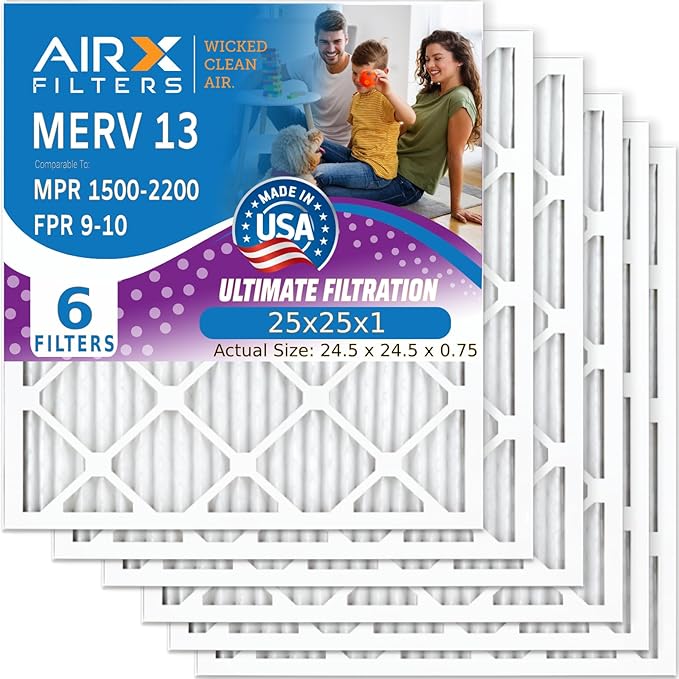 AIRX FILTERS WICKED CLEAN AIR. 25x25x1 Air Filter MERV 13 Electrostatic Pleated Air Conditioner Filter 6 Pack HVAC AC Furnace Filters