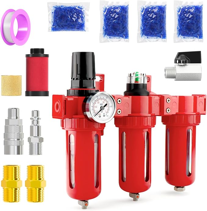 1/4" NPT 3 Stage Aluminium Air Drying System,Coalescing Filter, Particulate Filter, Desiccant Dryer and Air Regulator, Manual Drain, Mid Flow, For Plasma Cutter and Paint Spray