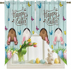 Swag Curtain Valances for Kitchen Windows,Happy Easter Bunny Butt Egg Floral Short Rod Pocket Window Valance,Spring Plant on Aqua Wood Swag Topper for Bedroom Living Room,2 Panels 36x63in