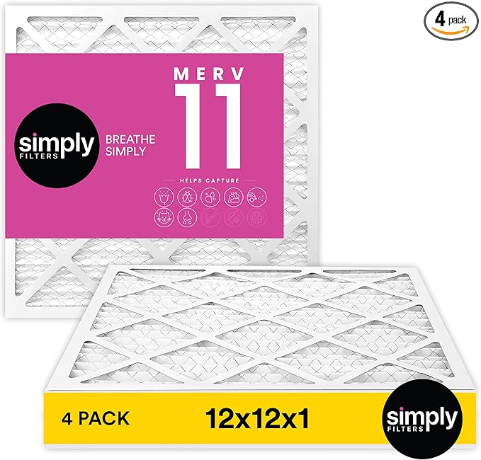 Simply 12x12x1 Air Filter, Merv 11, MPR 1000, 4 Pack, Furnace Air Filter for HVAC (Actual Size: 11.75"x11.75"x0.75") DUST, Pet, & Allergy Control