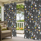 Cartoon Space Outdoor Curtains for Patio Rockets Planets Astronauts Gray Waterproof Outside Curtains with Grommet Top Weatherproof Curtain for Cabana Pergola Gazebo, 1 Panel, 54" W x 108" L
