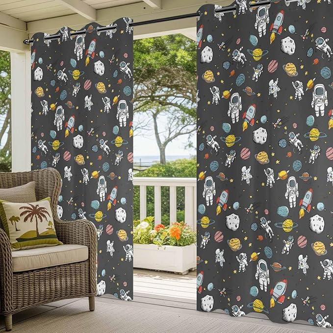 Cartoon Space Outdoor Curtains for Patio Rockets Planets Astronauts Gray Waterproof Outside Curtains with Grommet Top Weatherproof Curtain for Cabana Pergola Gazebo, 1 Panel, 54" W x 108" L