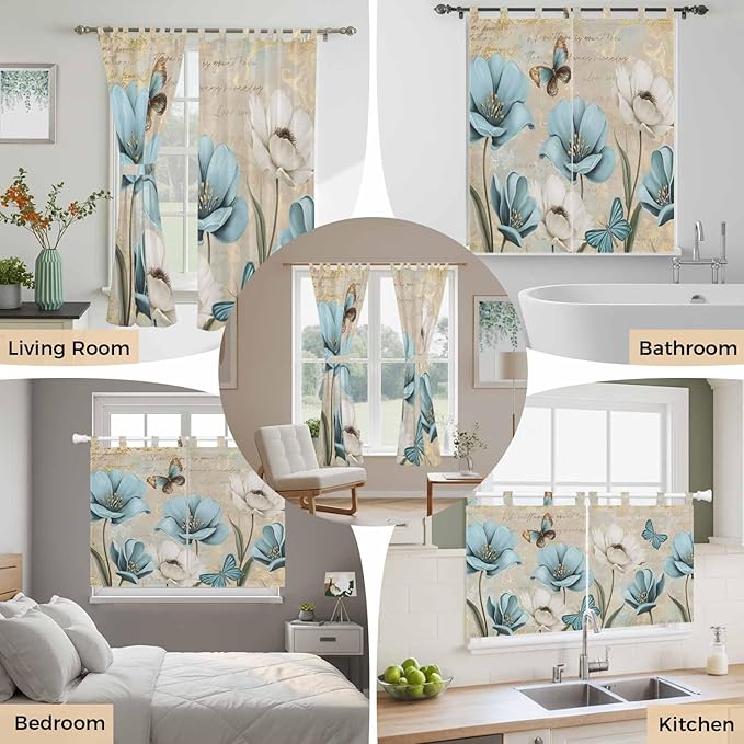 Spring Flowers Bedroom Curtains 63 Inch Length, Window Curtains Tab Top, Vintage Rustic Tulips Floral Butterfly Khaki Light Filtering Window Treatments Drapes 42"x63" 2 Panel