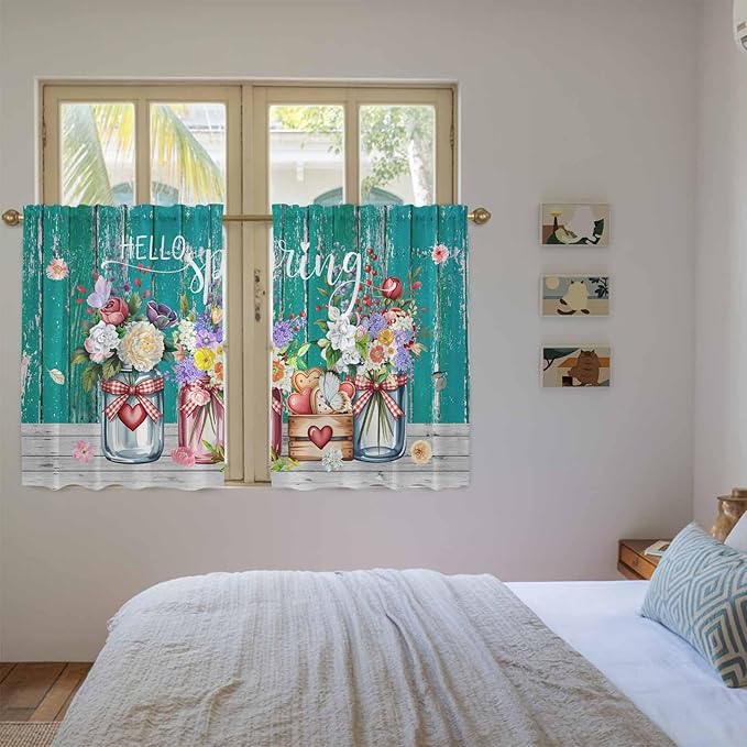 Spring Flowers Tier Curtains, Farmhouse Watercolor Teal Wood Grain Light Filtering Kitchen Curtains, 2Pcs Rod Pocket Half Window Treatments Panels for Sink Cafe Cabinet Basement 27.5x45 Inches