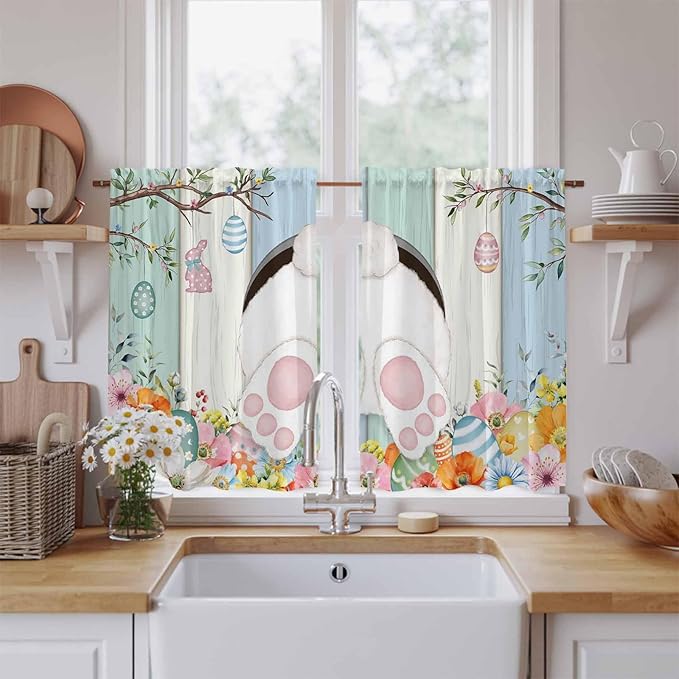 Easter Kitchen Tier Curtains 45 Inch Long 2 Panel Set,Rod Pocket Short Window Treatment,Spring Watercolor Bunny Eggs Wood Grain Teal Blue Light Filtering Curtains & Drapes for Bathroom 27.5"W x 45"L