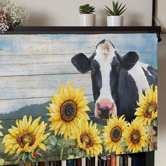Cow Sunflowers Curtain Valances for Windows, Kitchen Valance Window Treatment, Farmhouse Animal Blue Sky Wooden Grain Light Filtering Block Curtains for Bathroom/Bedroom/Living Room 42'' x 18''