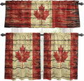 Kitchen Curtains Tiers and Valance Set of 3, Canada Light Filtering Window Curtain Set, Red Maple Leaf Flag Farmhouse Shabby Wooden Grain Rod Pocket Curtain Drapes for Living Room, 24 Inches Tiers