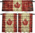 Kitchen Curtains Tiers and Valance Set of 3, Canada Light Filtering Window Curtain Set, Red Maple Leaf Flag Farmhouse Shabby Wooden Grain Rod Pocket Curtain Drapes for Living Room, 24 Inches Tiers
