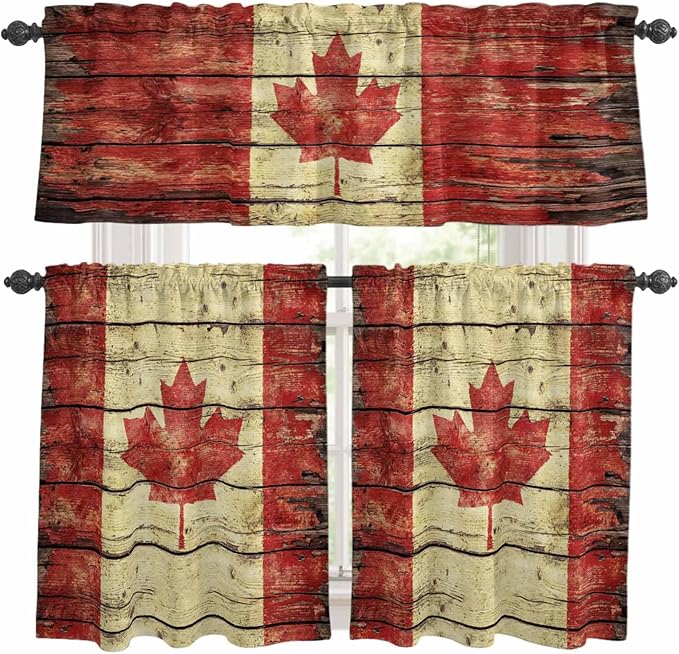 Kitchen Curtains Tiers and Valance Set of 3, Canada Light Filtering Window Curtain Set, Red Maple Leaf Flag Farmhouse Shabby Wooden Grain Rod Pocket Curtain Drapes for Living Room, 24 Inches Tiers