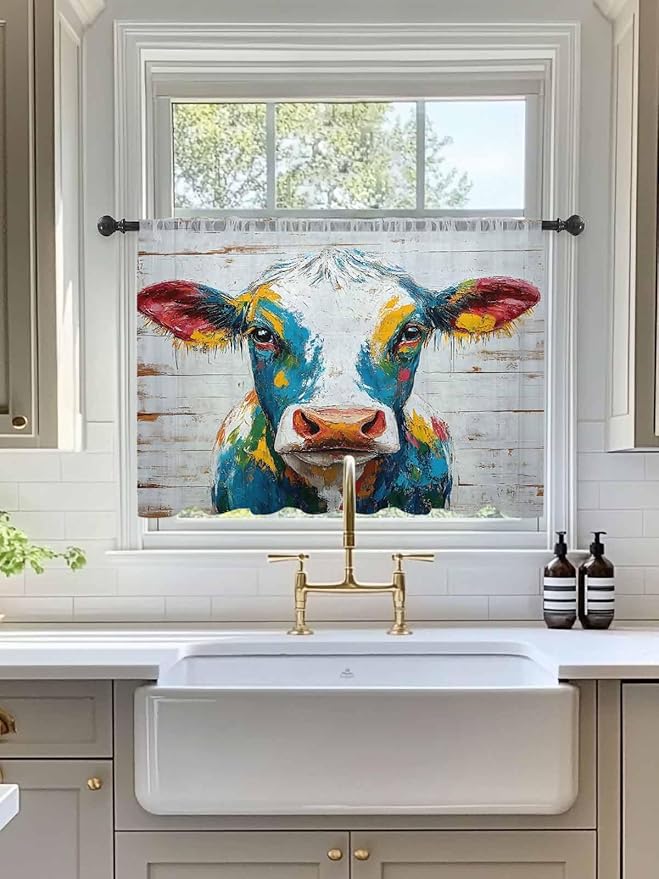 Sheer Curtains 45 Inch Length, Rustic Cow Semi Sheer Curtains Light Filtering Window Treatment, Vintage Colorful Animals Art Wooden Grain Privacy Voile Drapes for Living Room Bedroom 52x45 Inch